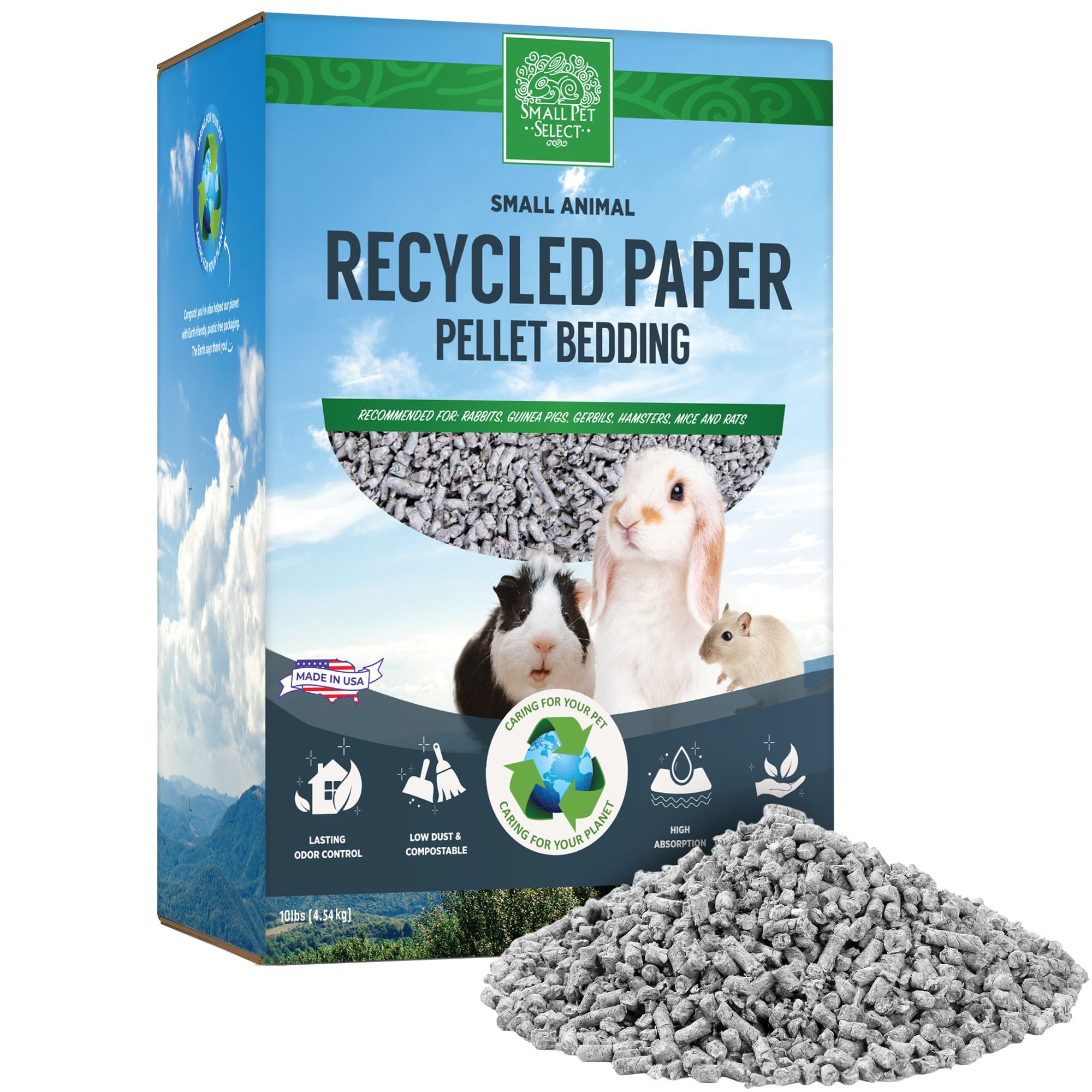 Small Pet Select emballage avant montrant sac 10 lb et bénéfice durabilité