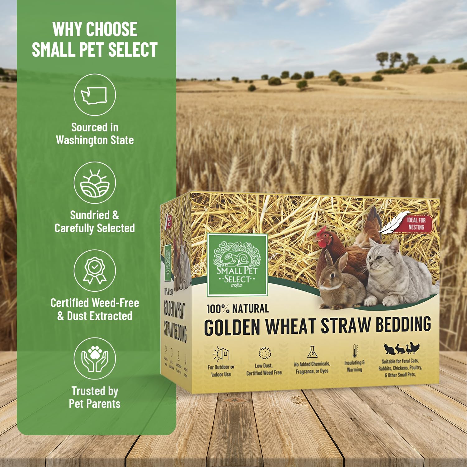 Small Pet Select étiquette montrant origine et certification weed-free