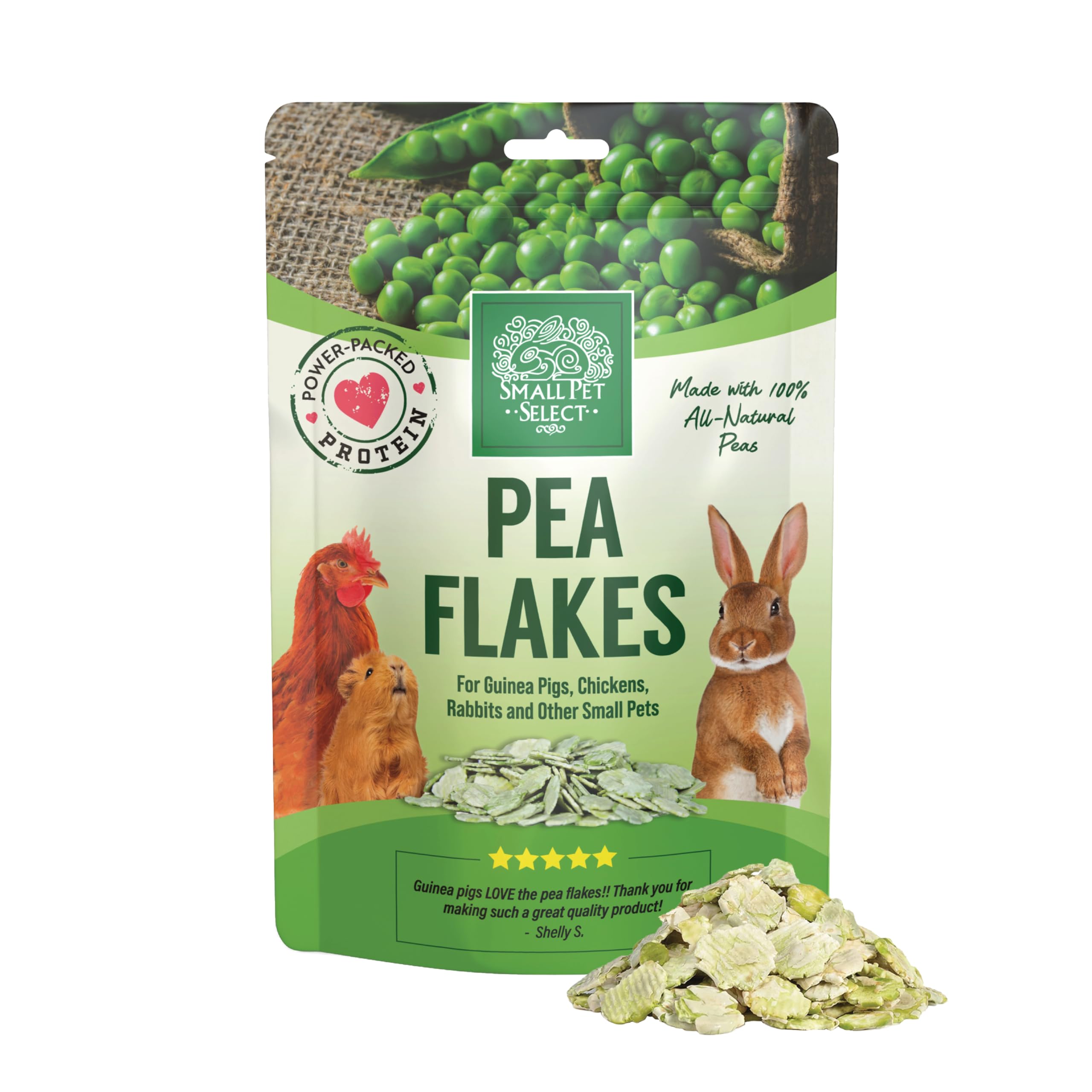 Small Pet Select emballage face montrant flocons de pois, garantie d'ingrédients propres