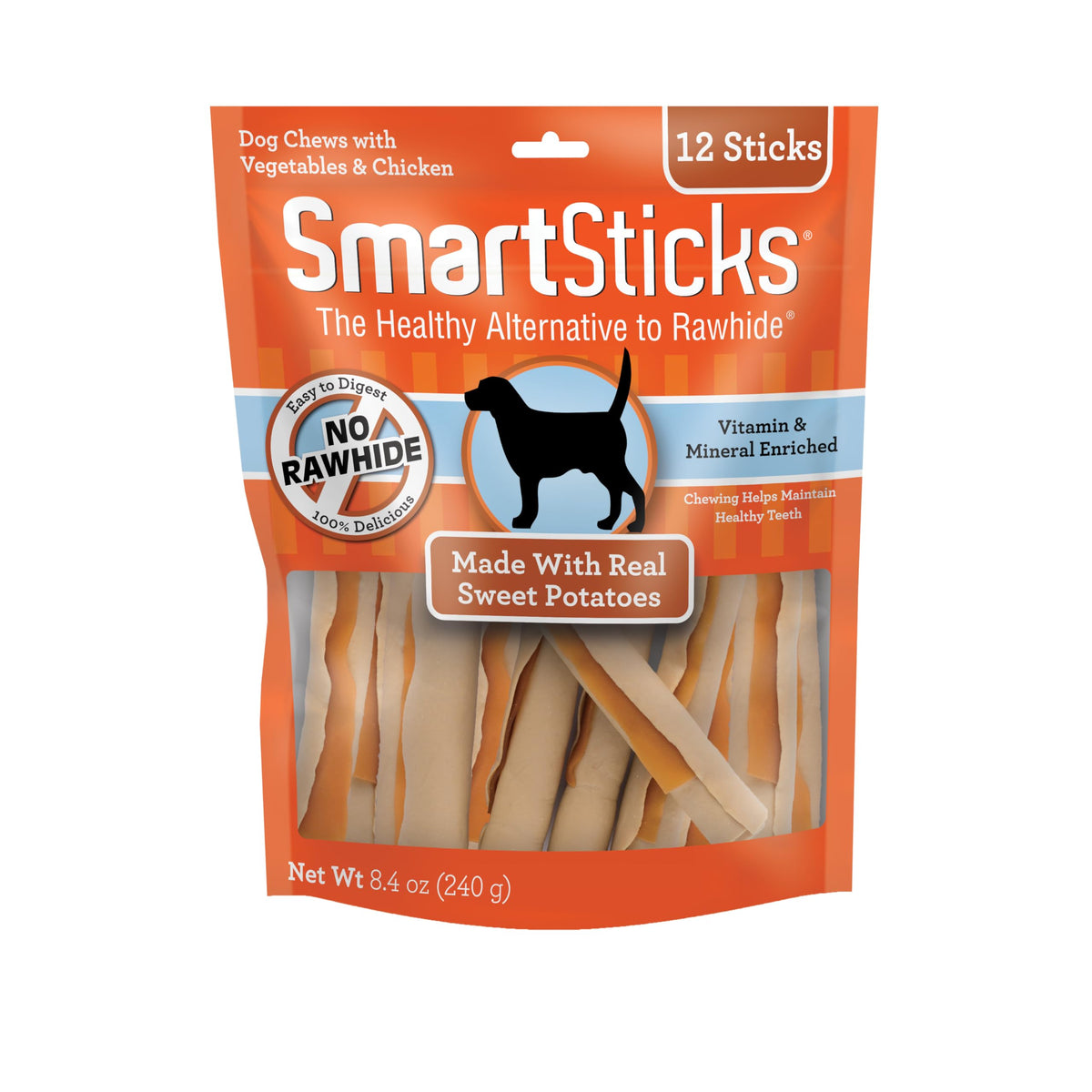 SmartBones emballage avant montrant 12 SmartSticks et bénéfice sans rawhide