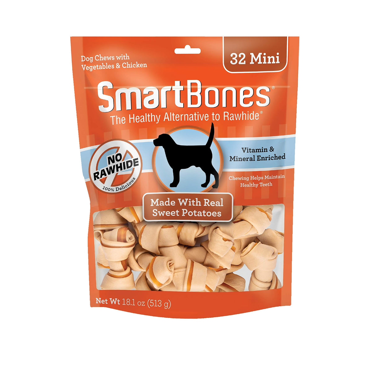 SmartBones emballage avant montrant 32 friandises, reassure la quantité