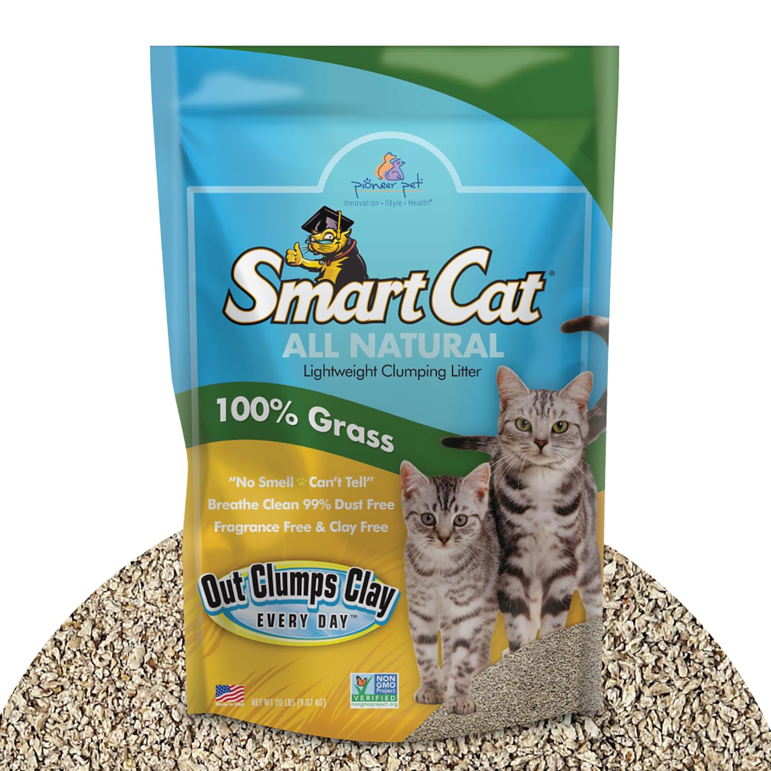 SmartCat emballage 20 lb montrant sac léger et info produit bénéfice transport facile