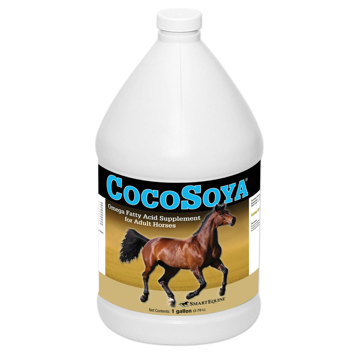 SMARTPAK SmartEquine CocoSoya Oil flacon face montrant l'étiquette et la quantité d'un gallon bénéfique
