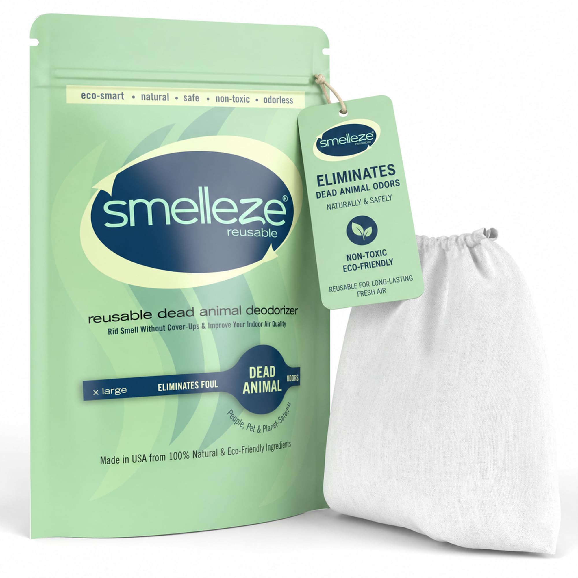 SMELLEZE emballage avant montrant produit prêt à l'emploi et gain de confort