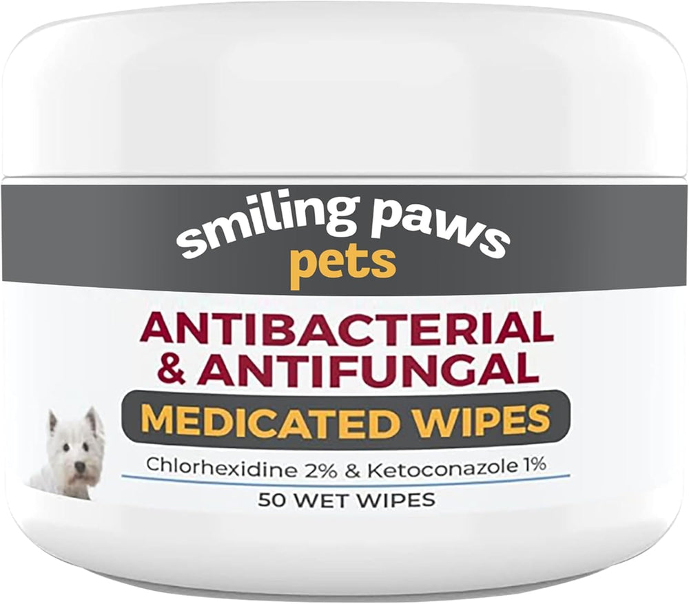 Smiling Paws emballage avant montrant 50 lingettes, pratique pour stocker