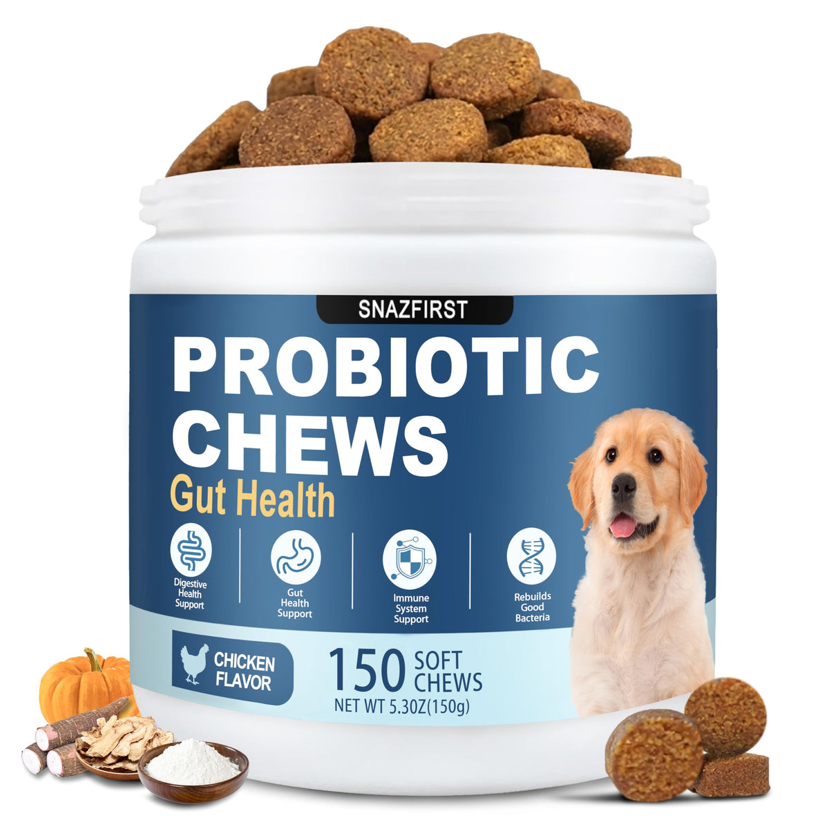 SnazFirst emballage avant montrant 150 chews pour digestion saine