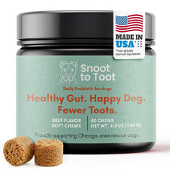 Snoot to Toot emballage face montrant 60 chews, pratique pour le rangement