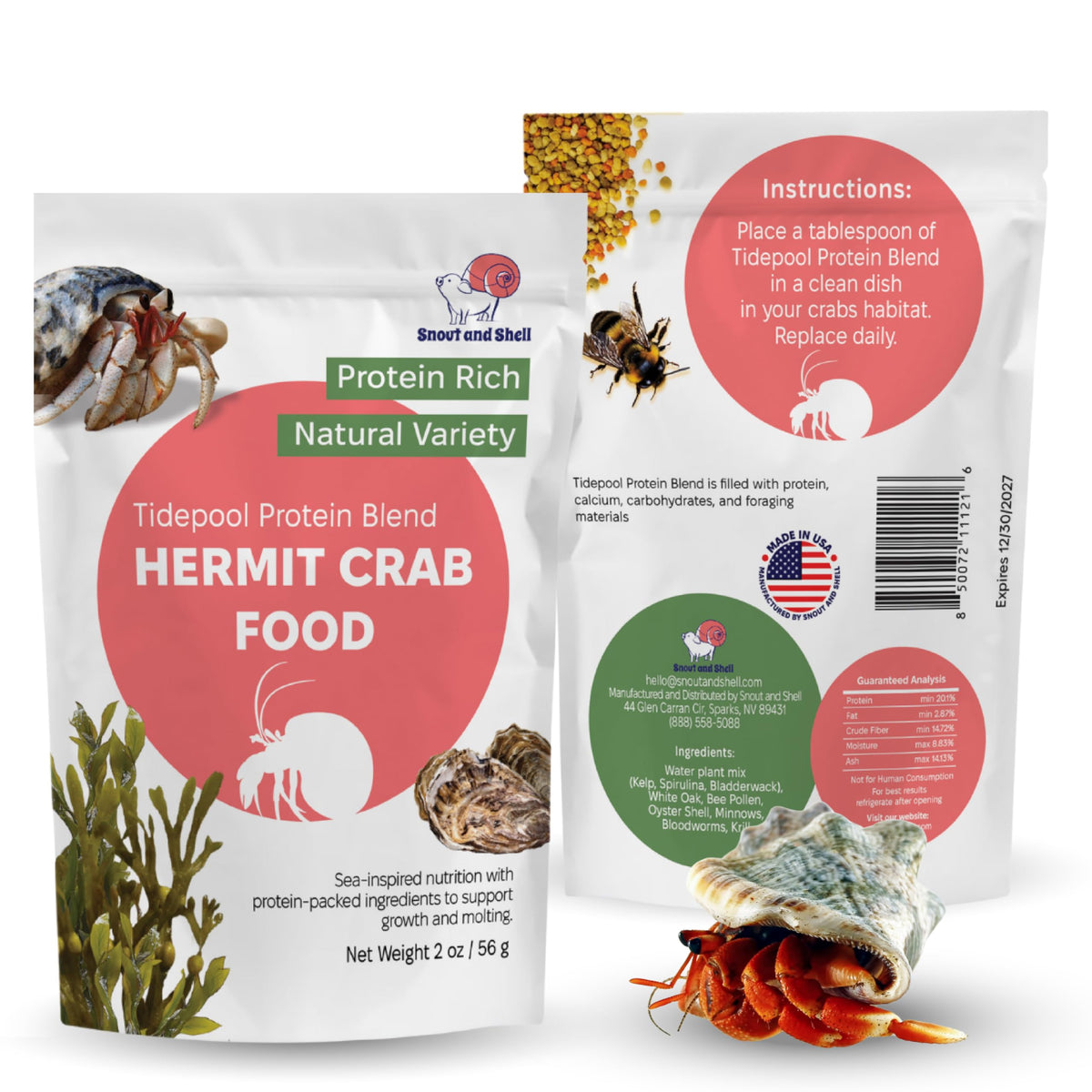 Snout and Shell emballage face montrant format 56 g et information produit