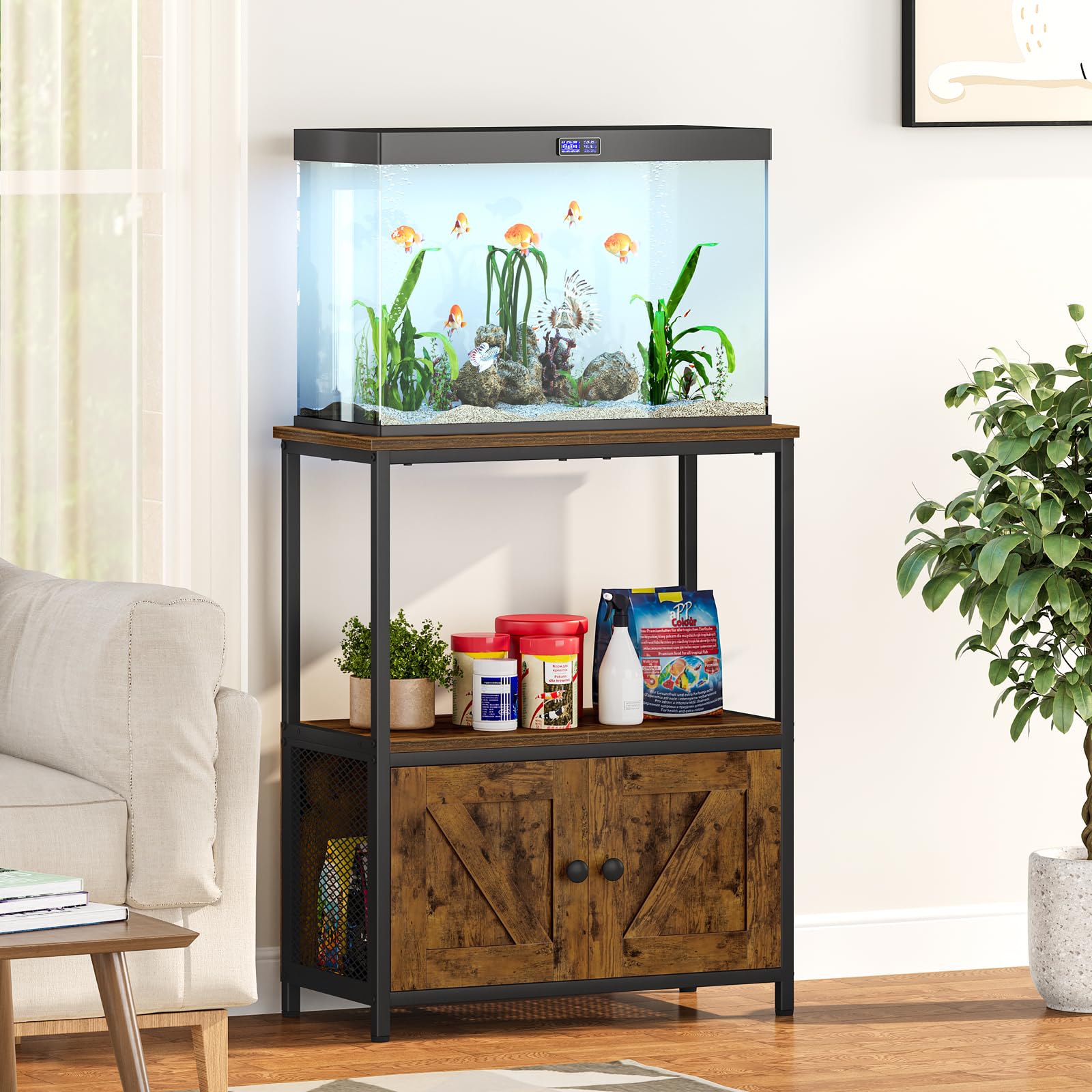 Snughome meuble aquarium installé dans un salon créant ambiance soignée