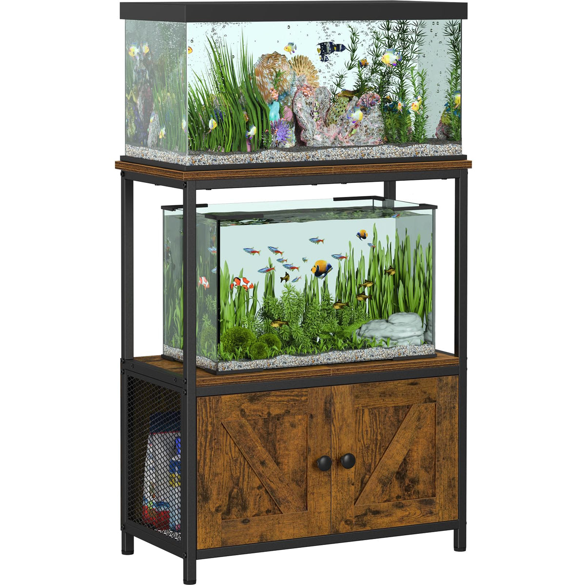 Snughome vue avant du meuble aquarium montrant rangement fermé et plateau robuste