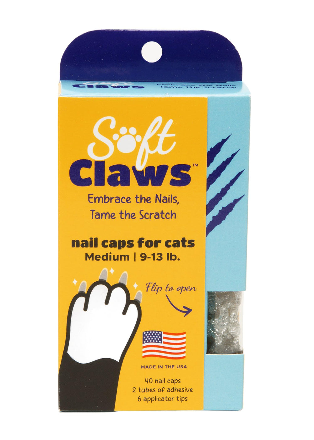 Soft Claws emballage avant argent pailleté montrant contenu et bénéfice protection