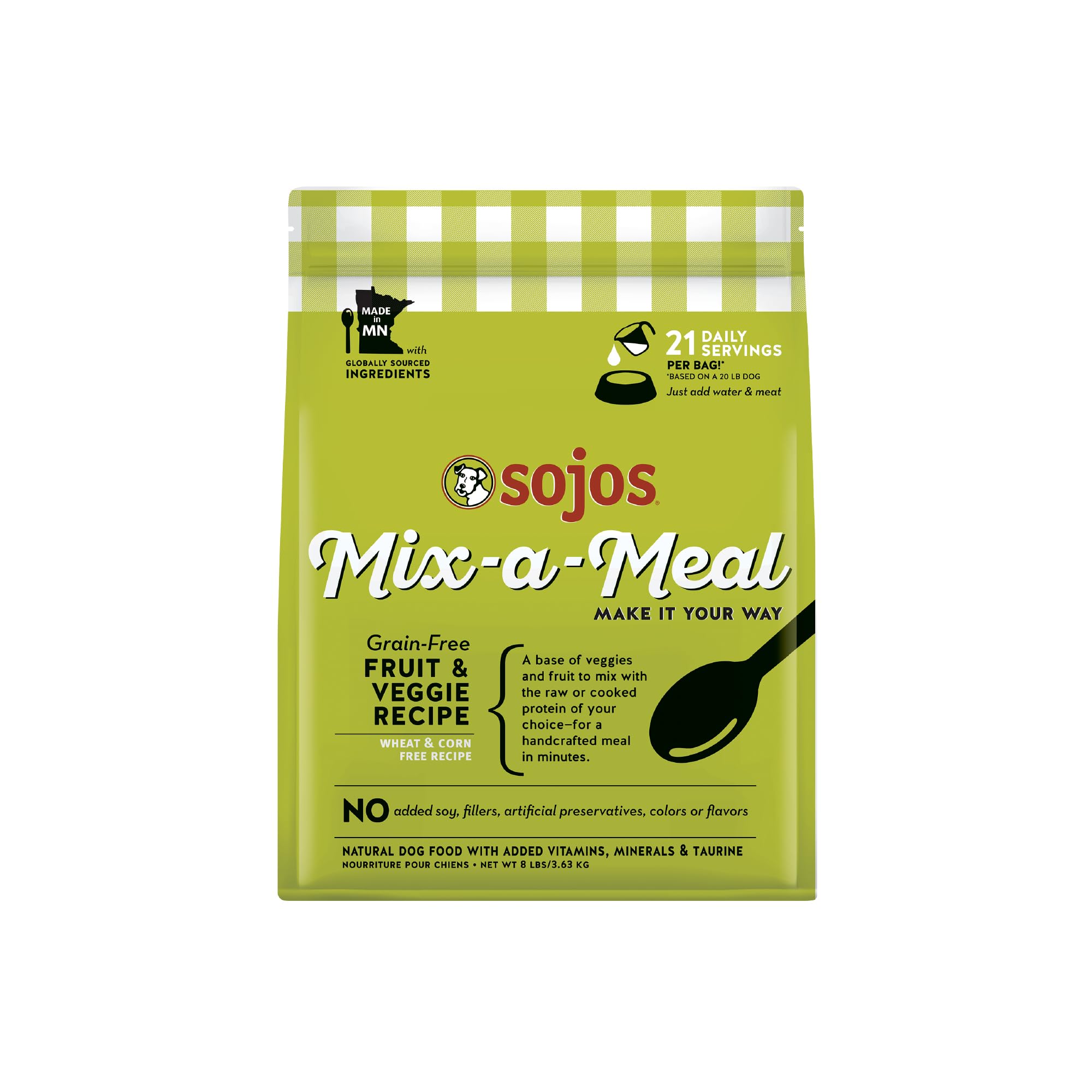 SOJOS sac 8 lb montrant l'emballage pratique et l'étiquette claire pour faciliter l'achat