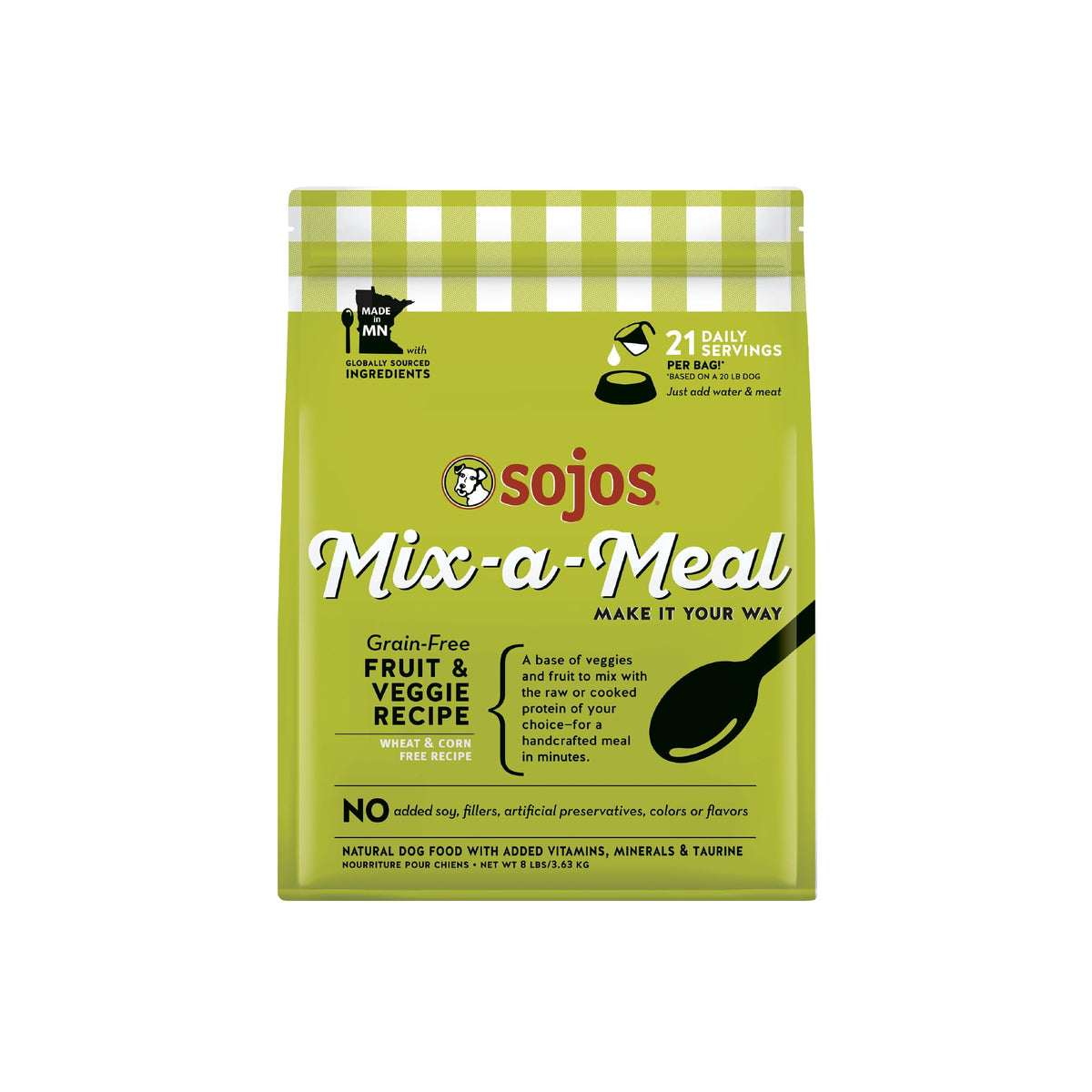 SOJOS sac 8 lb montrant l'emballage pratique et l'étiquette claire pour faciliter l'achat