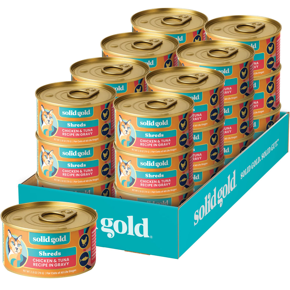 Solid Gold vue avant de la boîte montrant poulet et thon et bénéfice appétence