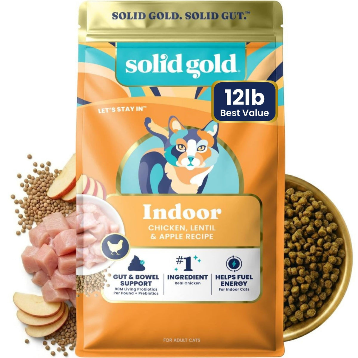 Solid Gold paquet avant montrant recette indoor et bénéfice contrôle boules de poils