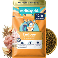 Solid Gold paquet avant montrant recette indoor et bénéfice contrôle boules de poils