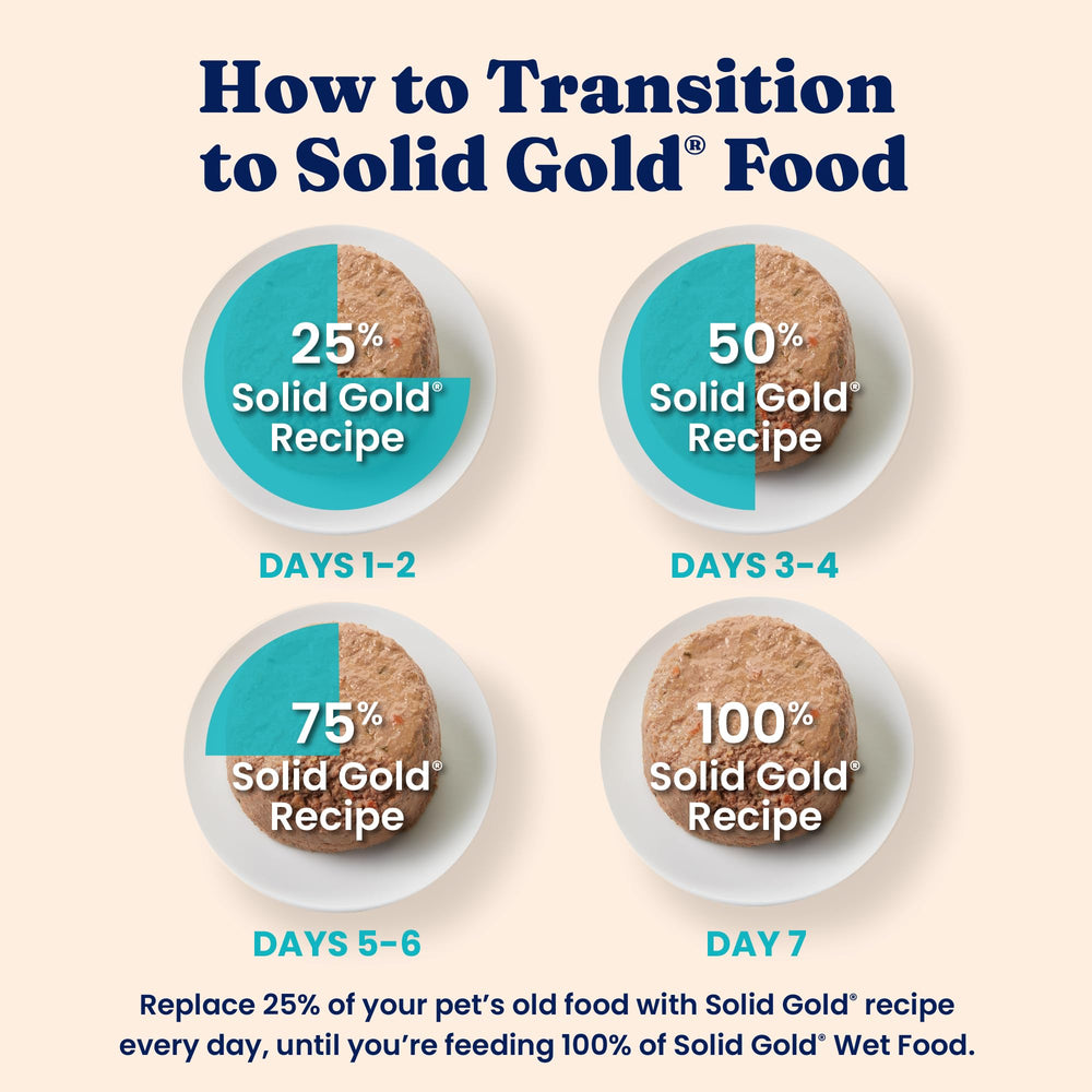 Solid Gold pâtée présentée sur plan de travail, préparation simple