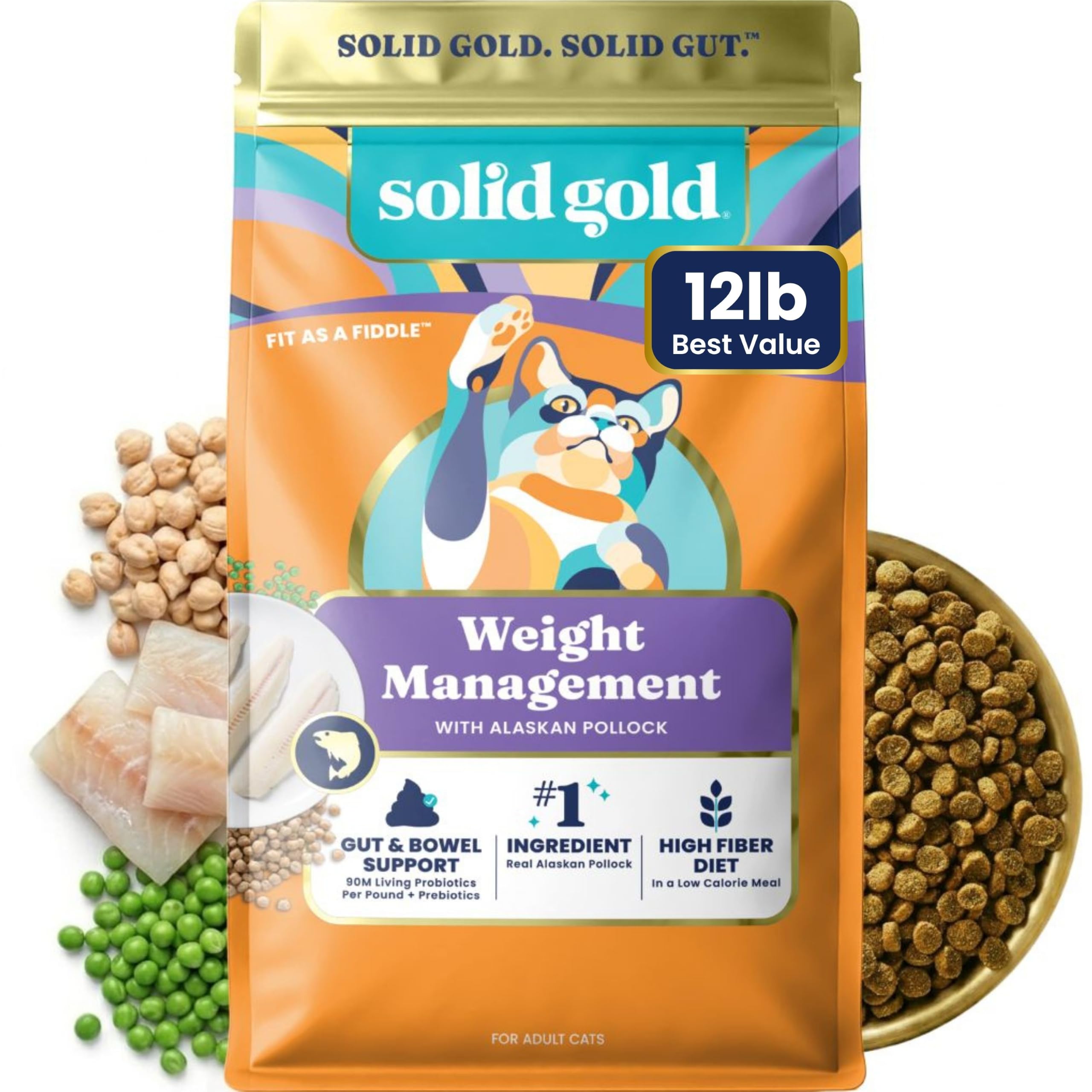 Solid Gold paquet avant montrant recette Alaskan Pollock et bénéfice minceur