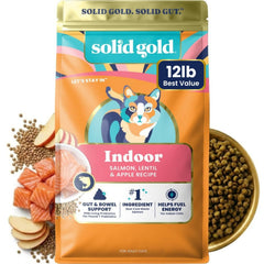 Solid Gold sachet avant montrant la recette saumon et bénéfice réduction boules de poils