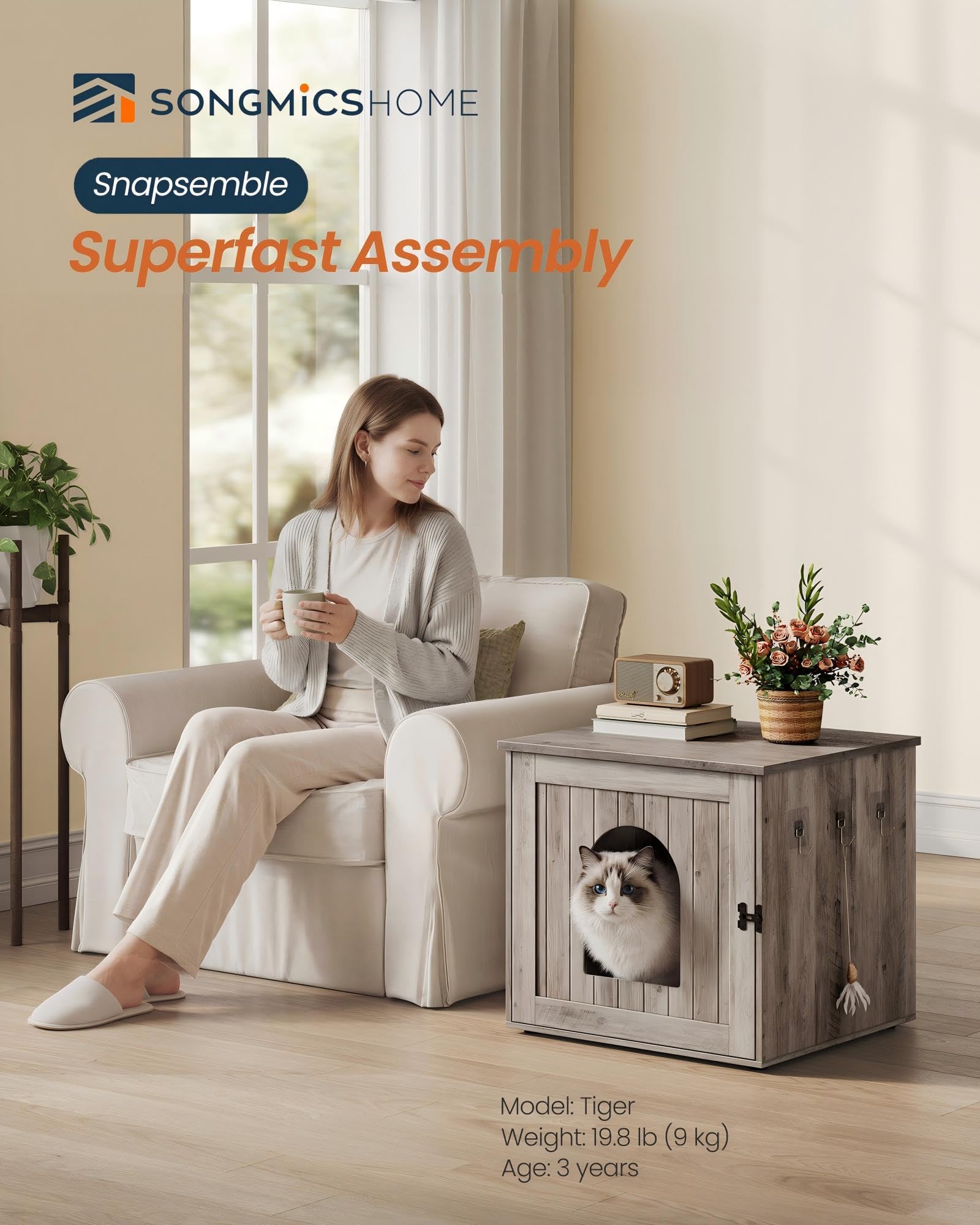 SONGMICS HOME détail de la porte avec verrou et aimant, sécurité renforcée