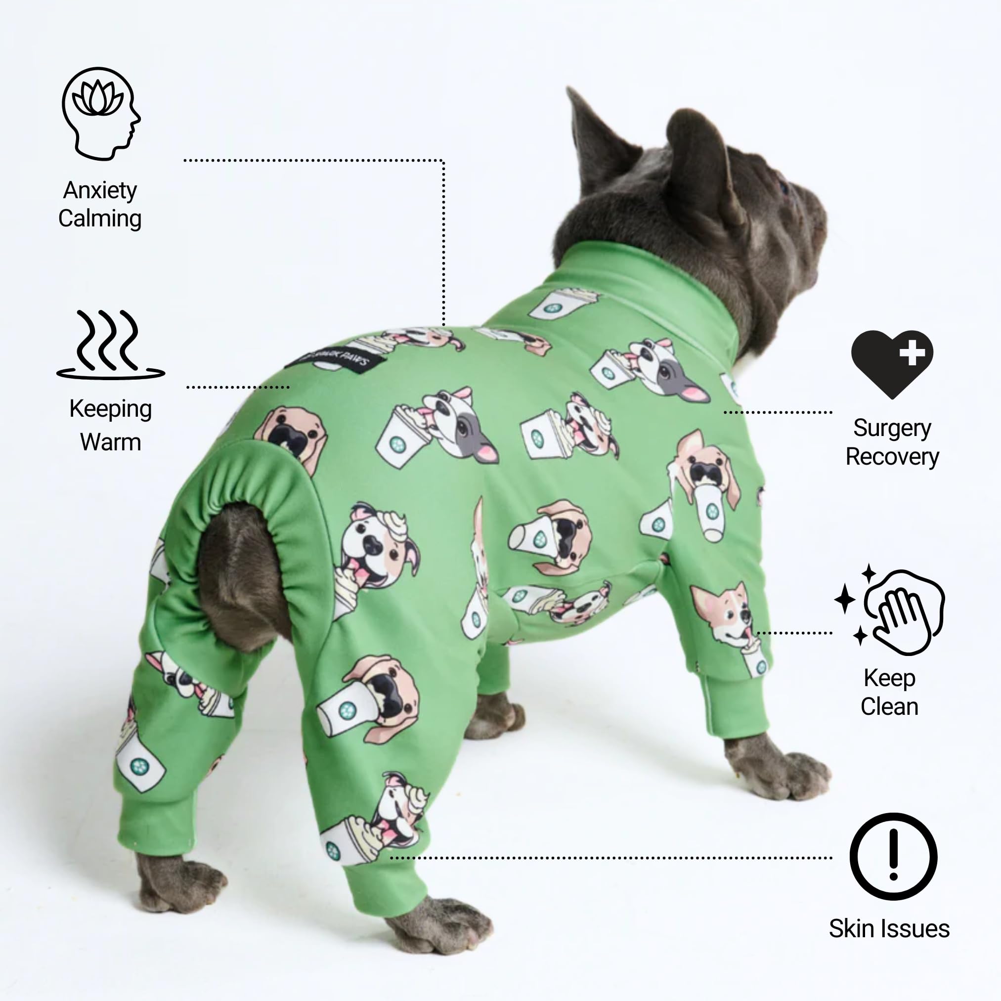 Spark Paws pyjama porté sur chien, facilité d'enfilage et liberté de mouvement