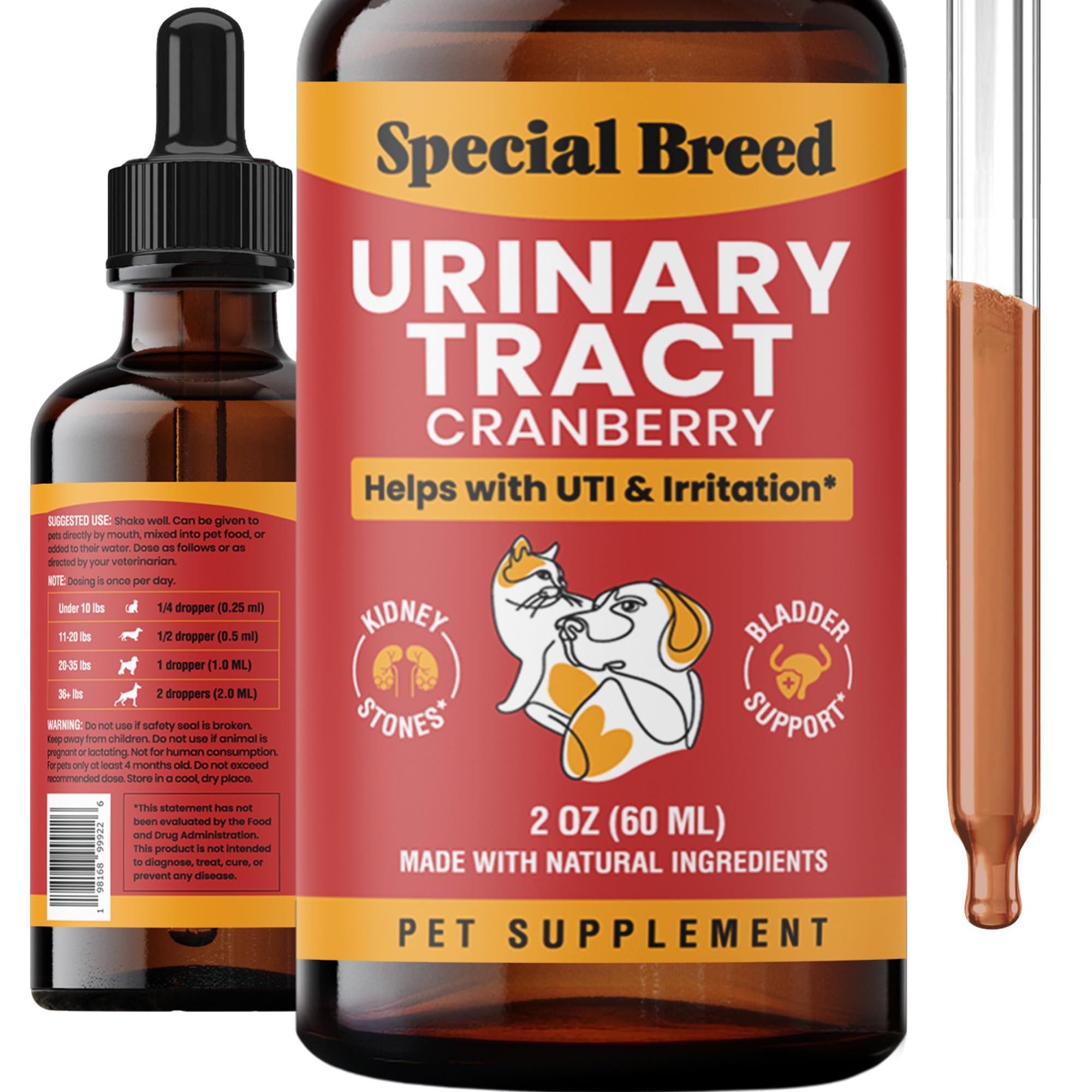 Special Breed emballage avant montrant formule canneberge et bénéfice urinaire