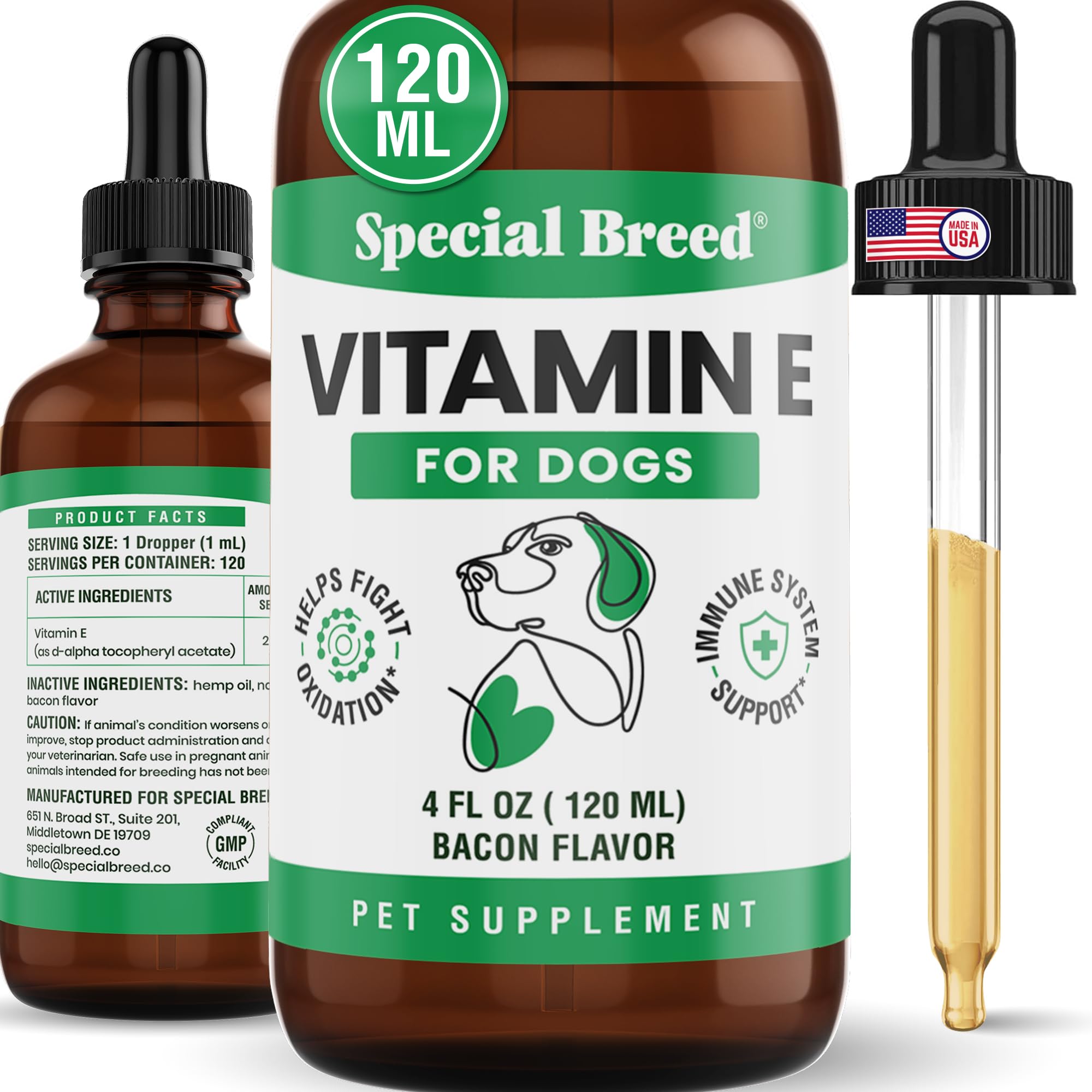 Special Breed flacon de vitamine E devant montrant le format 4 oz et l'emballage