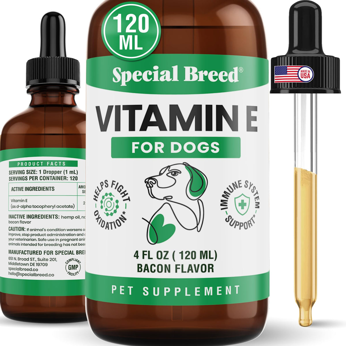 Special Breed flacon de vitamine E devant montrant le format 4 oz et l'emballage