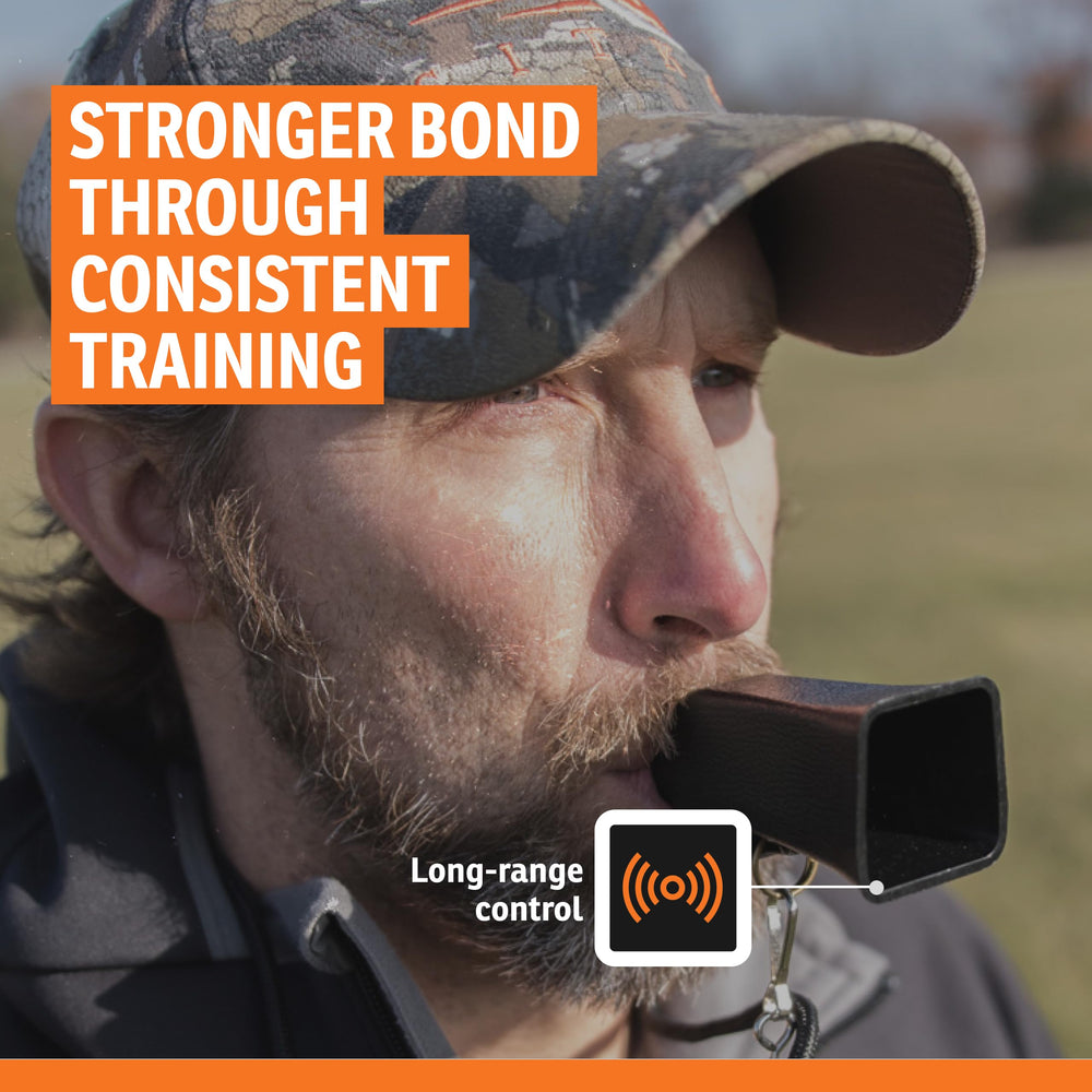 SportDOG Roy Gonia Mega Whistle tenu en main pour voir l'échelle et la légèreté