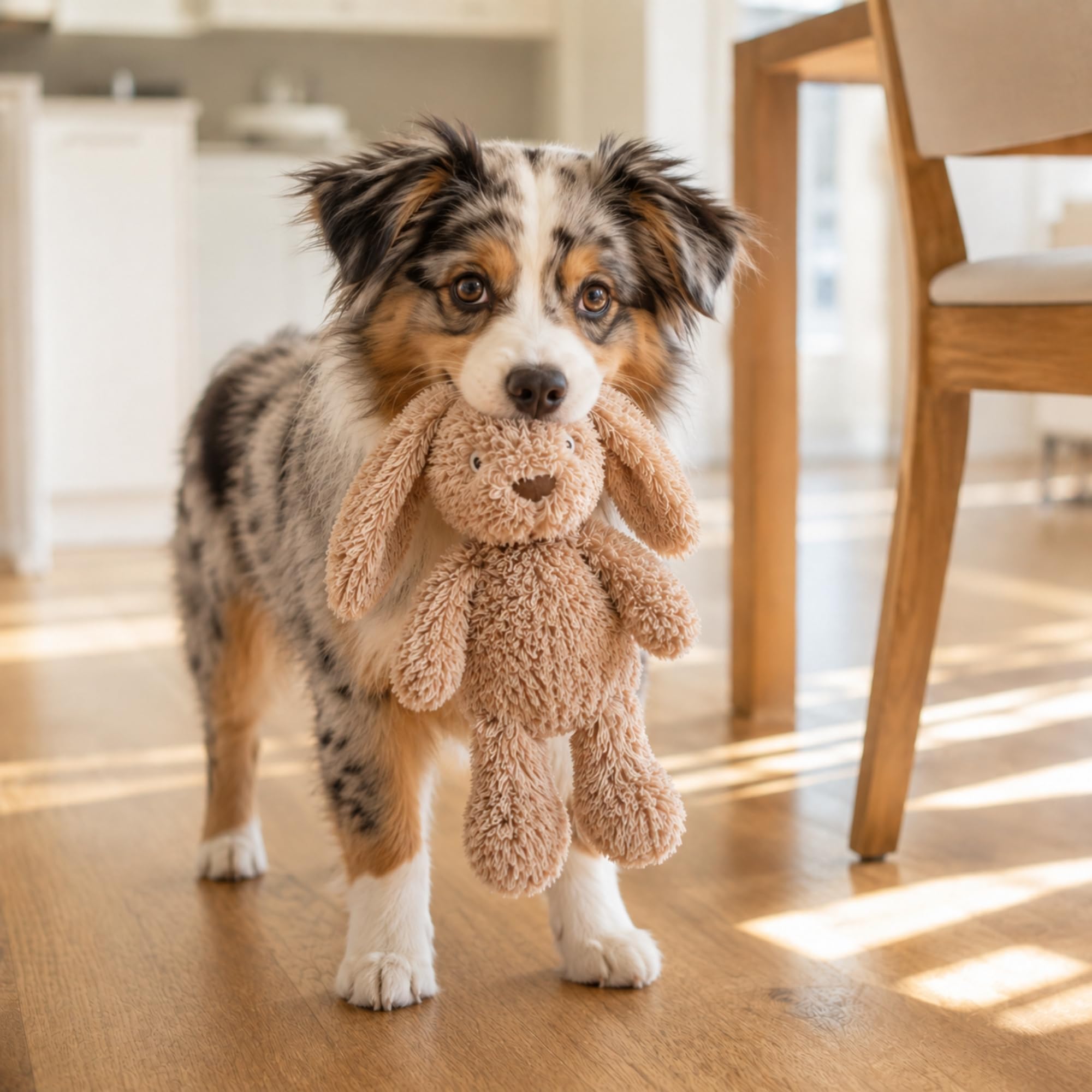 SPOT chien adulte portant la peluche lors d'une promenade