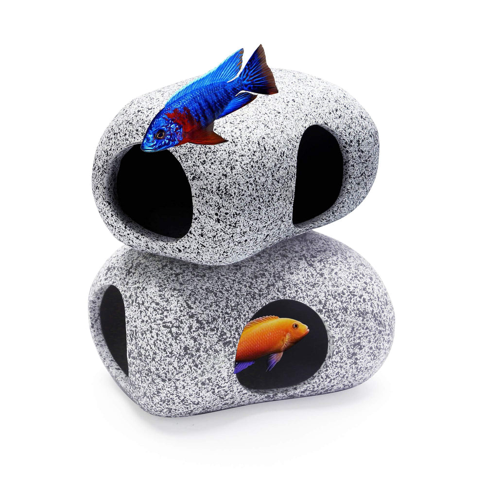 SpringSmart vue avant des deux caches pierre décoratives montrant design naturel et refuge