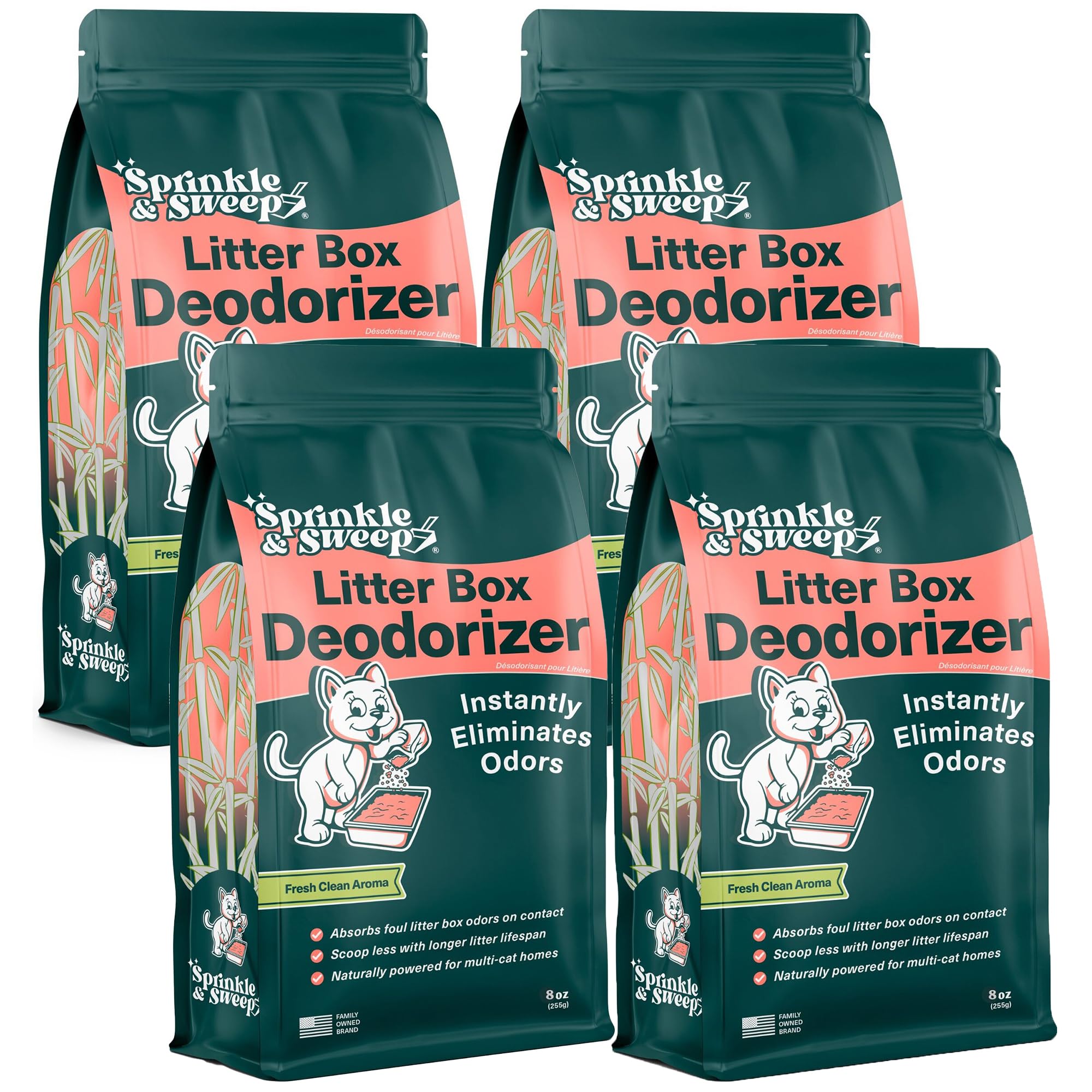 Sprinkle & Sweep emballage avant montrant lot de quatre sachets et bénéfice fraîcheur