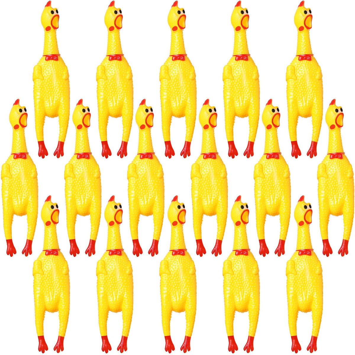 Sratte poulet pack avant montrant 16 jouets jaunes pour fêtes