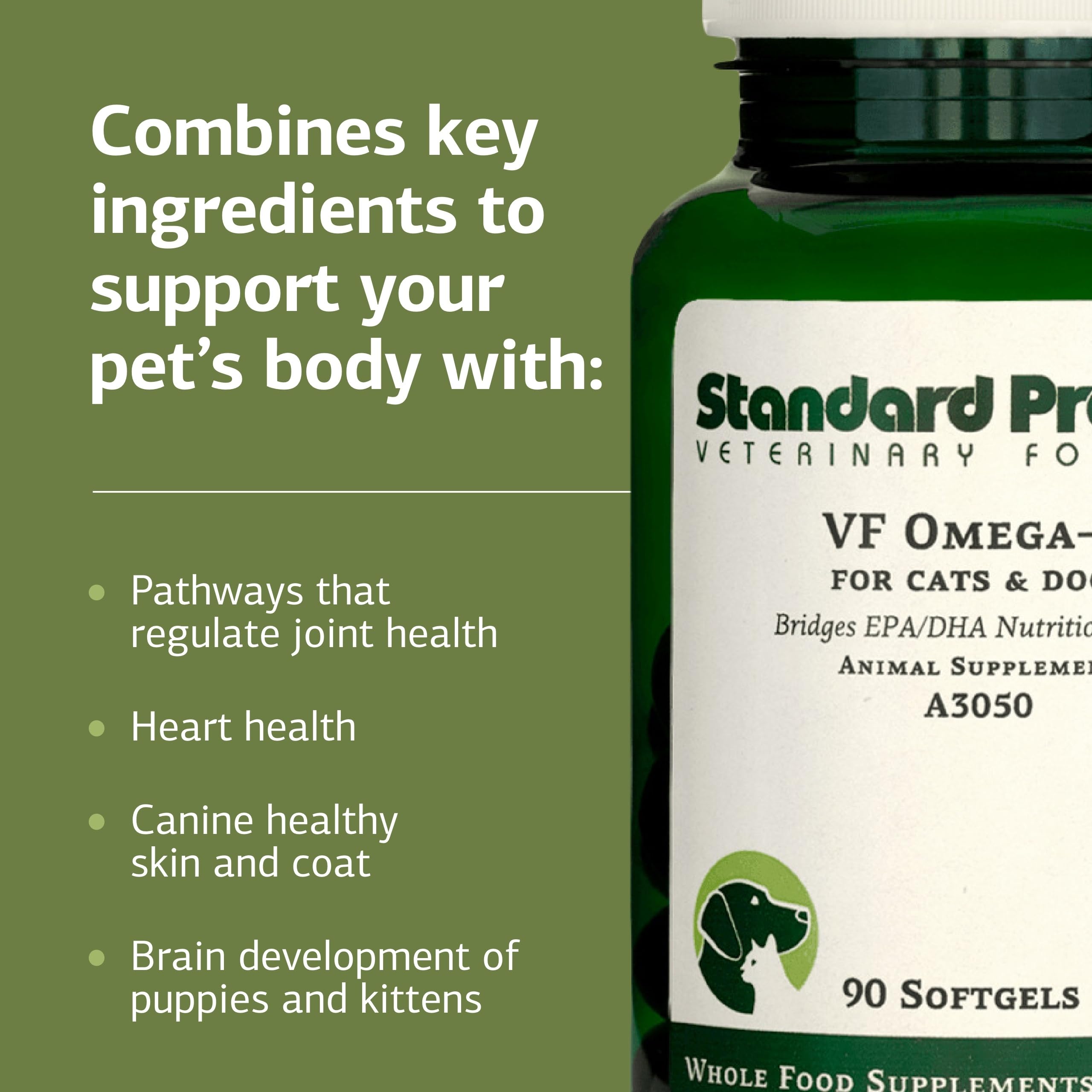 Softgels VF Omega-3 versés près d'une gamelle, Standard Process facilite administration quotidienne
