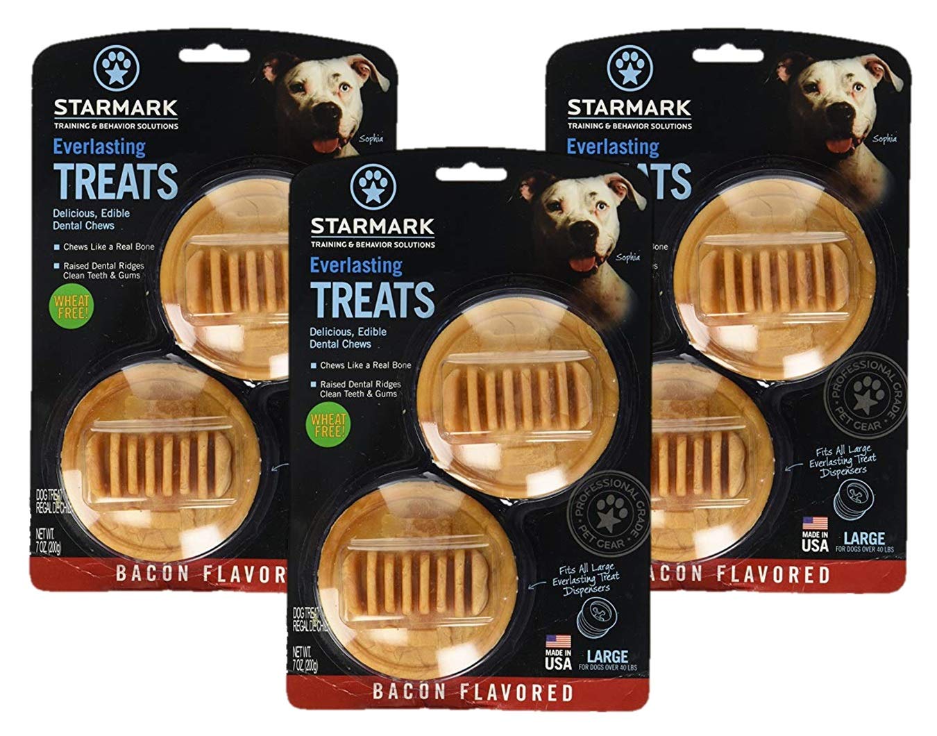 Starmark emballage avant lot de 3 montrant la taille et la saveur bacon, attractif pour chien