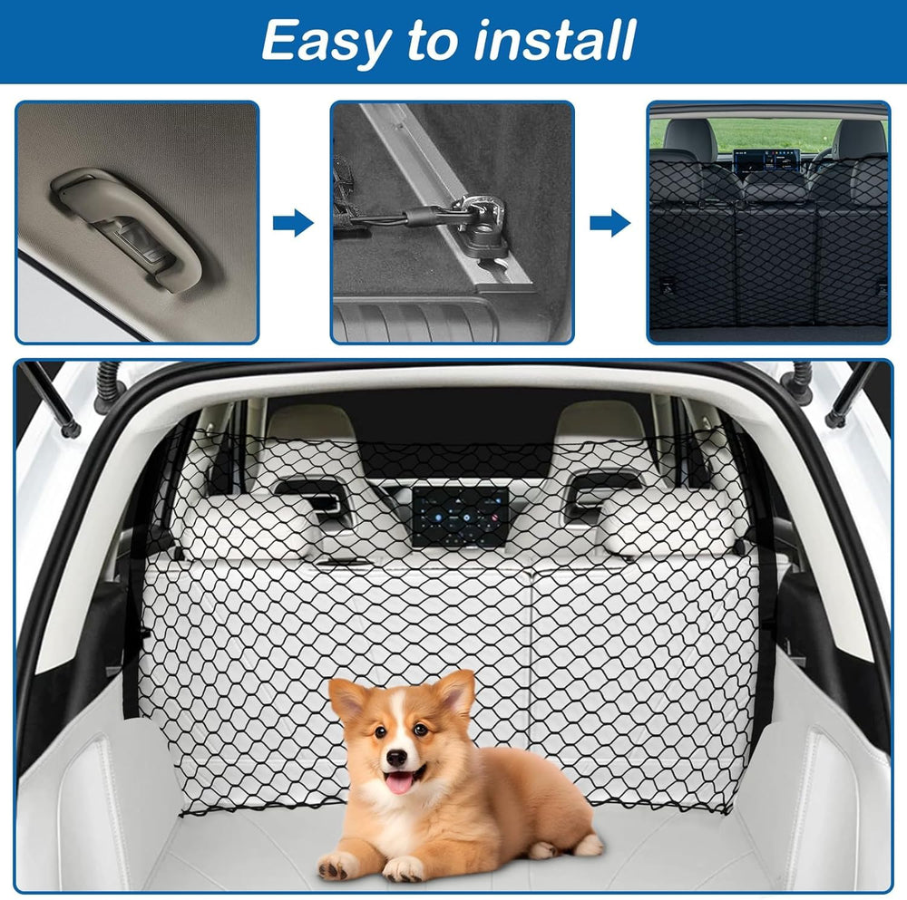 STARROAD-TIM filet installé dans un SUV sécurisant l'espace arrière pour chien