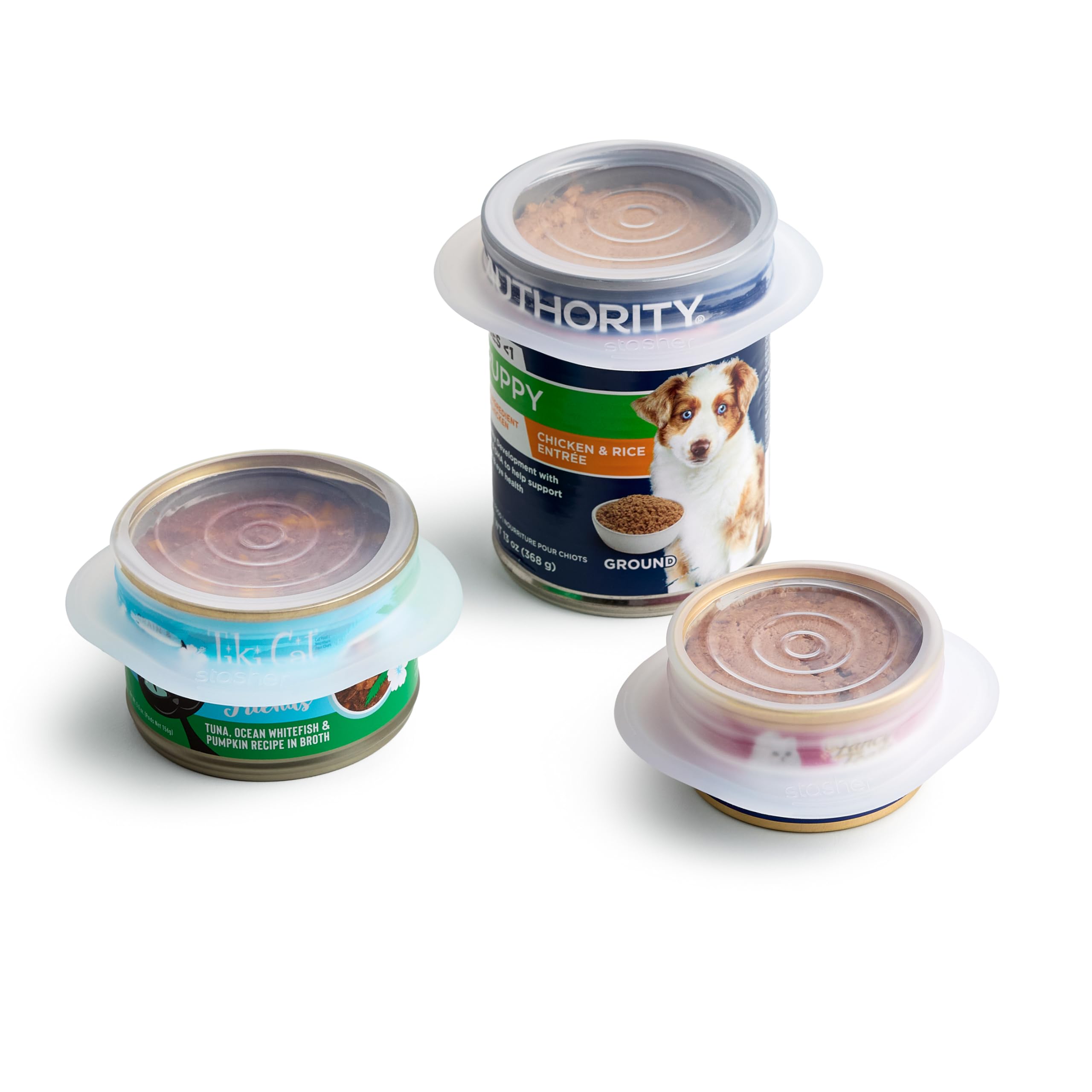 Stasher Pet vue avant du pack trois couvercles, solution réutilisable pratique