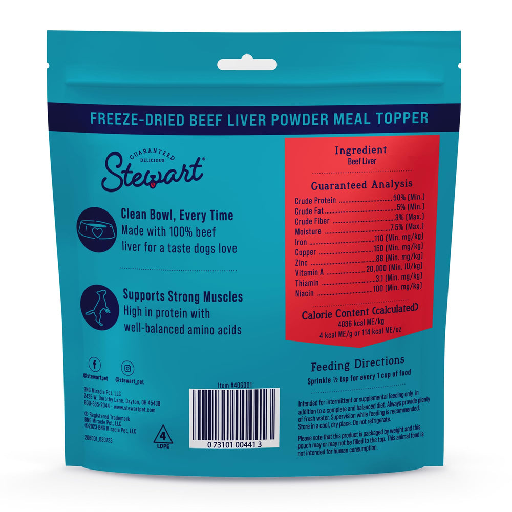 Stewart close-up étiquette indiquant 100% beef liver et transparence produit