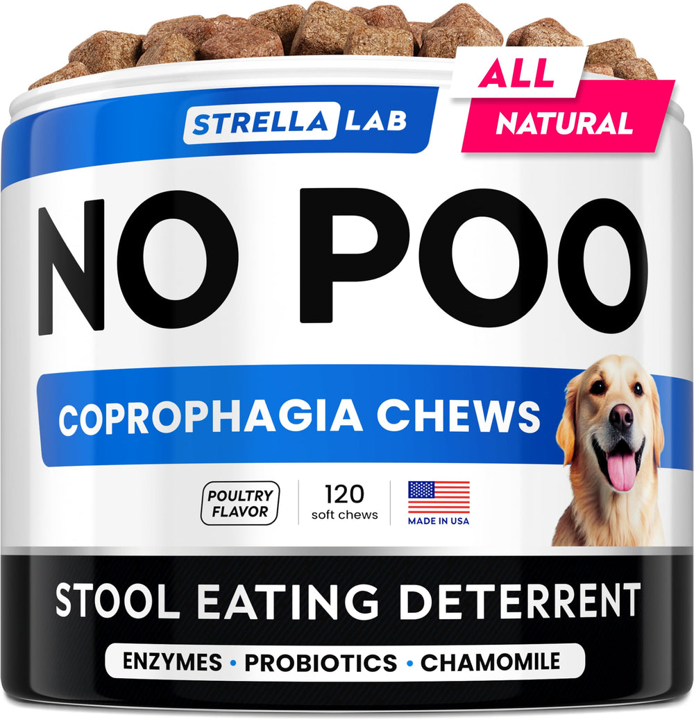 STRELLALAB emballage des No Poo Chews montrant l'utilisation et la confiance