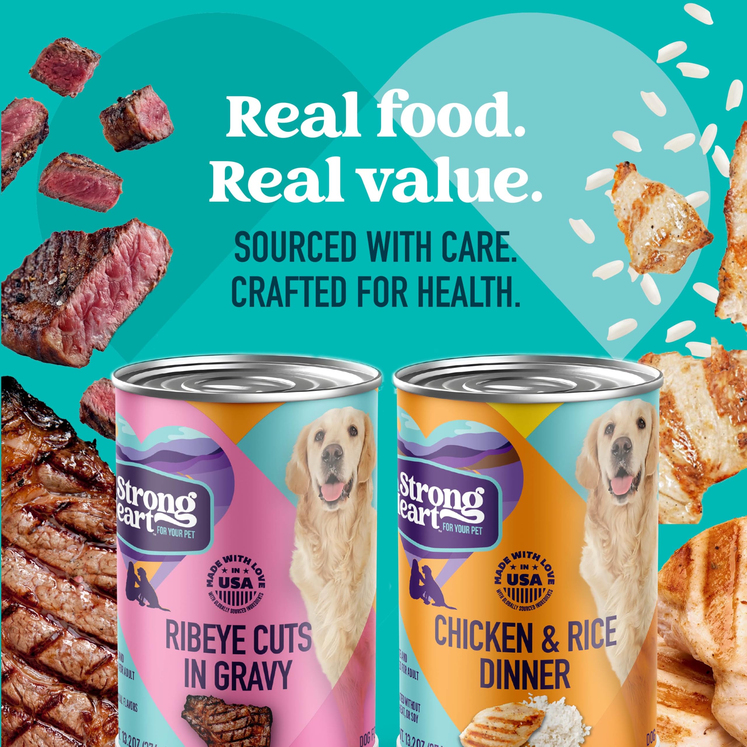 Strongheart gros plan sur morceaux Ribeye visibles, riche en protéines
