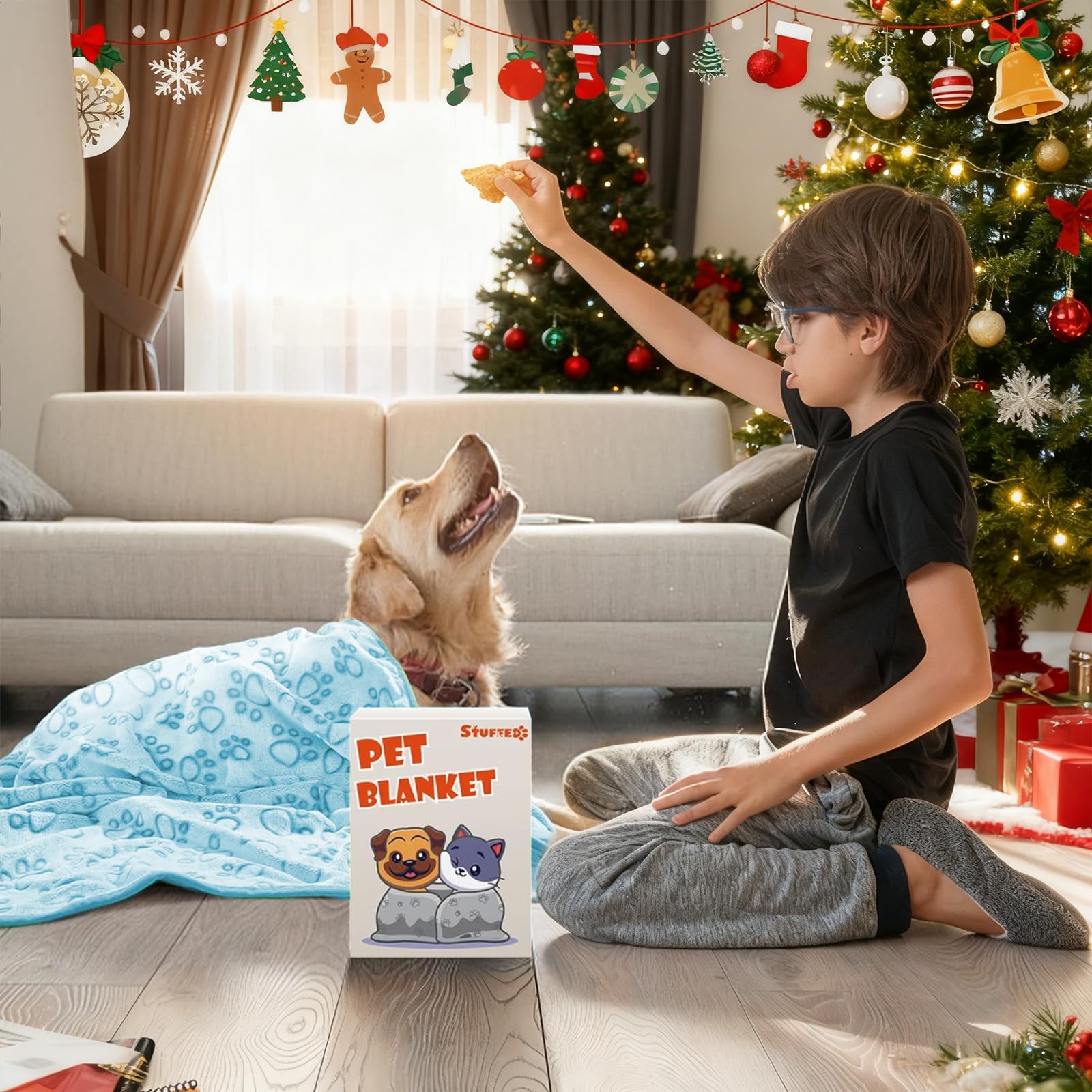Stuffed couverture placée dans une caisse, sécurité et chaleur pour chien