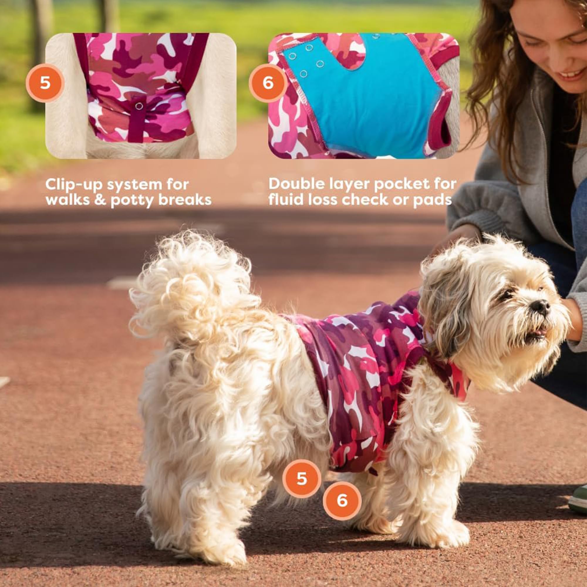 Chien portant Suitical camouflage rose en promenade, réduit stress et protège sutures
