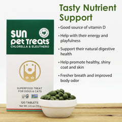 Sun Chlorella friandise en main d’un chien, améliore énergie et jeu