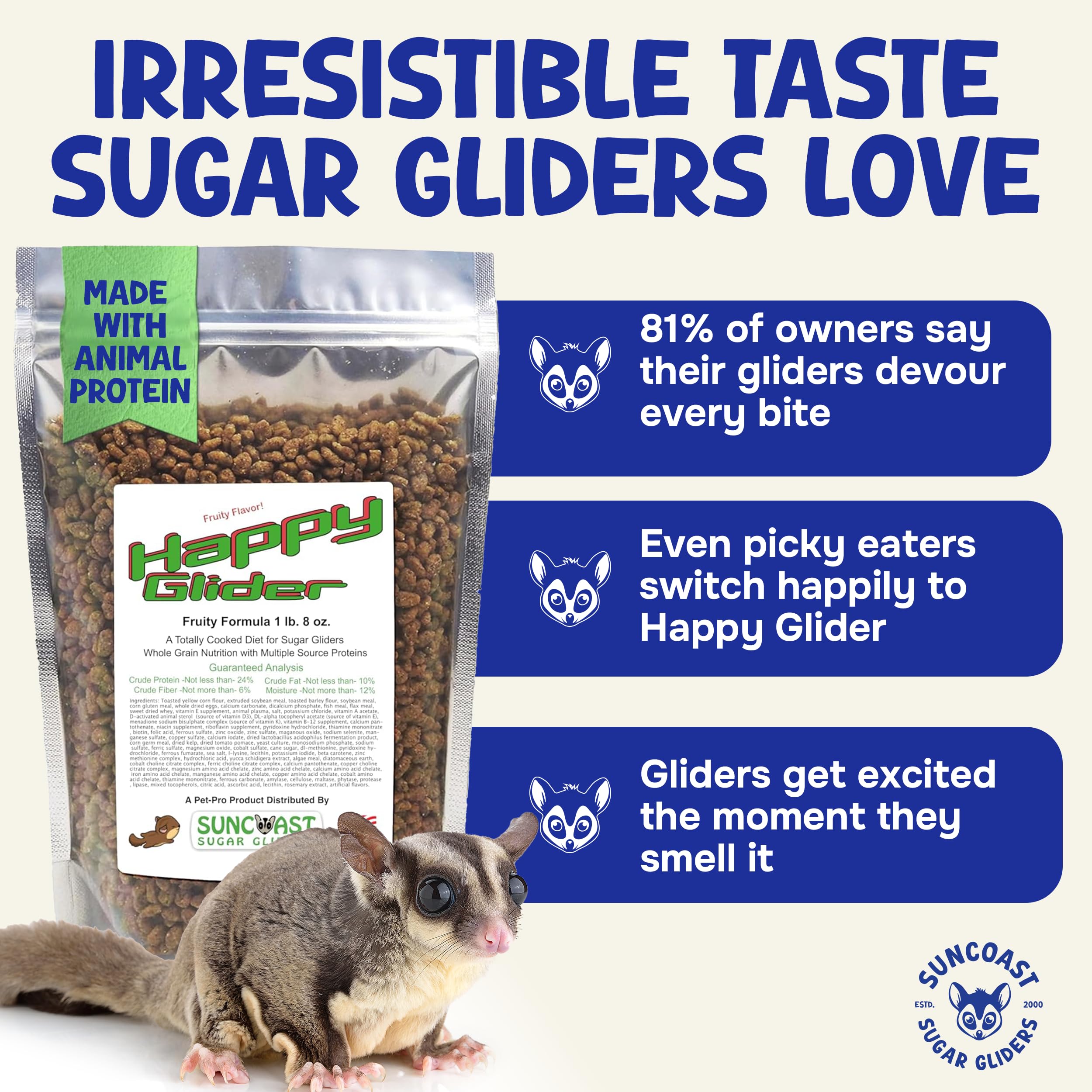 Suncoast Sugar Gliders étiquette nutritionnelle détaillée indiquant vitamines et minéraux