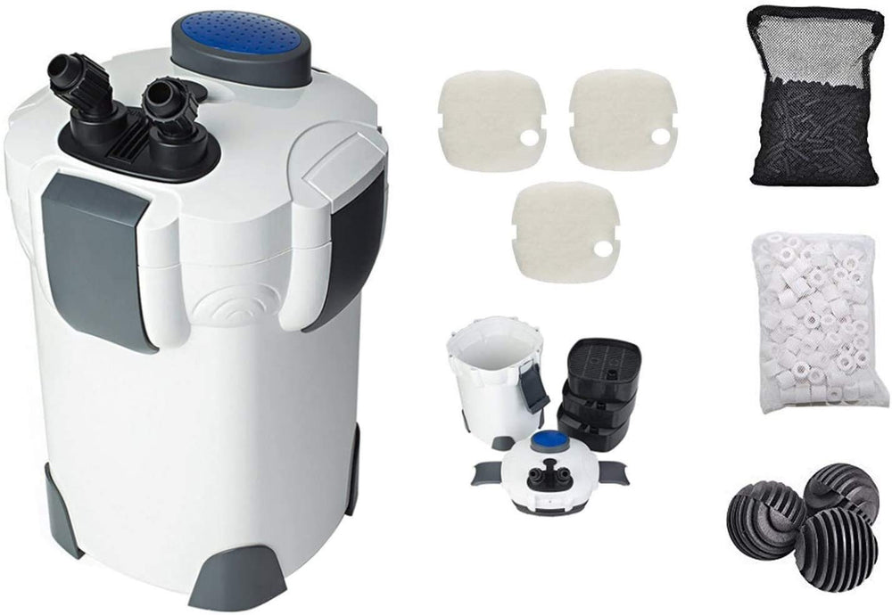 SunSun HW302 vue frontale du canister montrant kit complet et gain de place