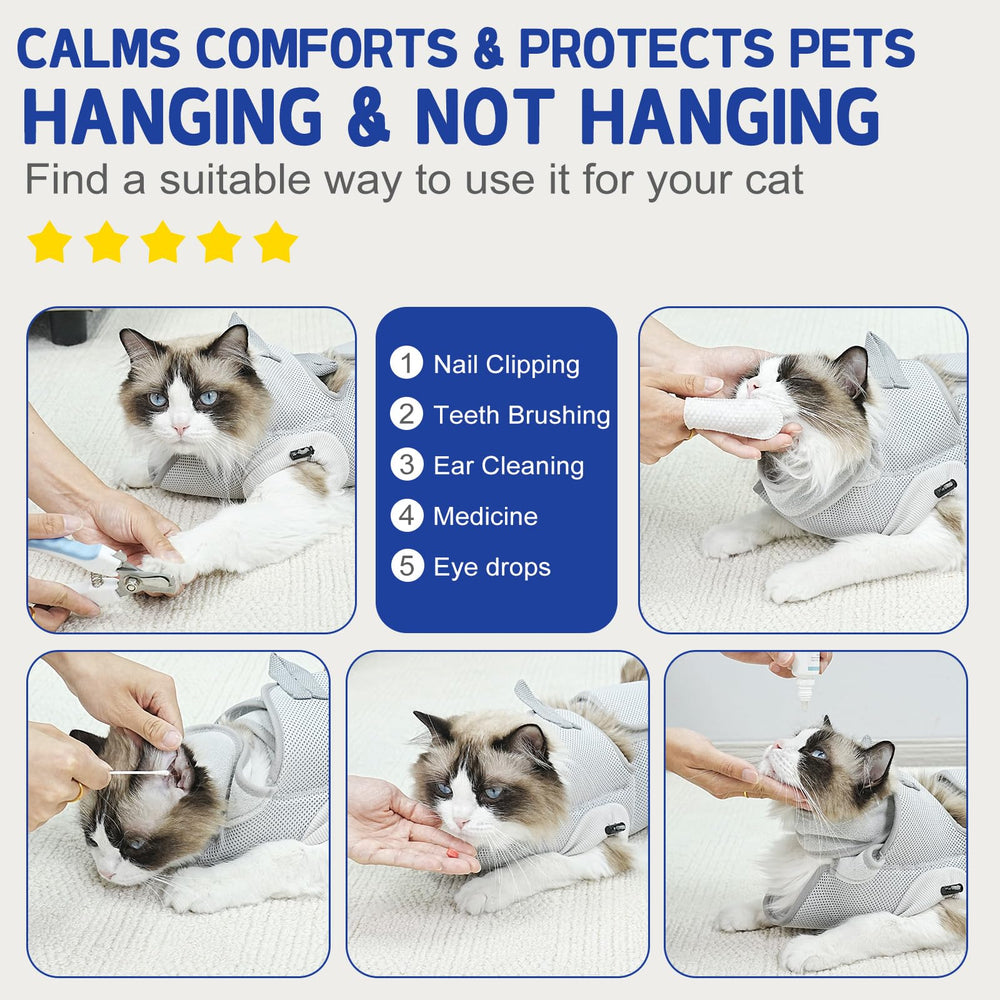 Supet chat dans le hamac durant toilettage pour réduire le stress