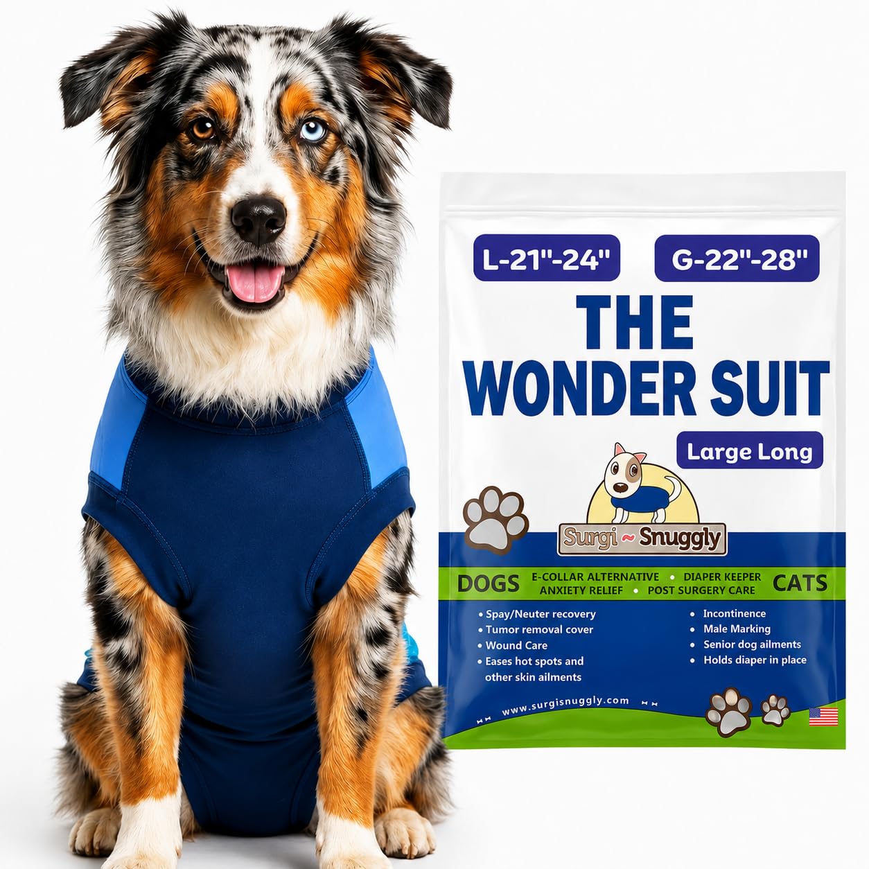 Surgi~Snuggly vue avant sur chien montrant couverture post-opératoire et confort