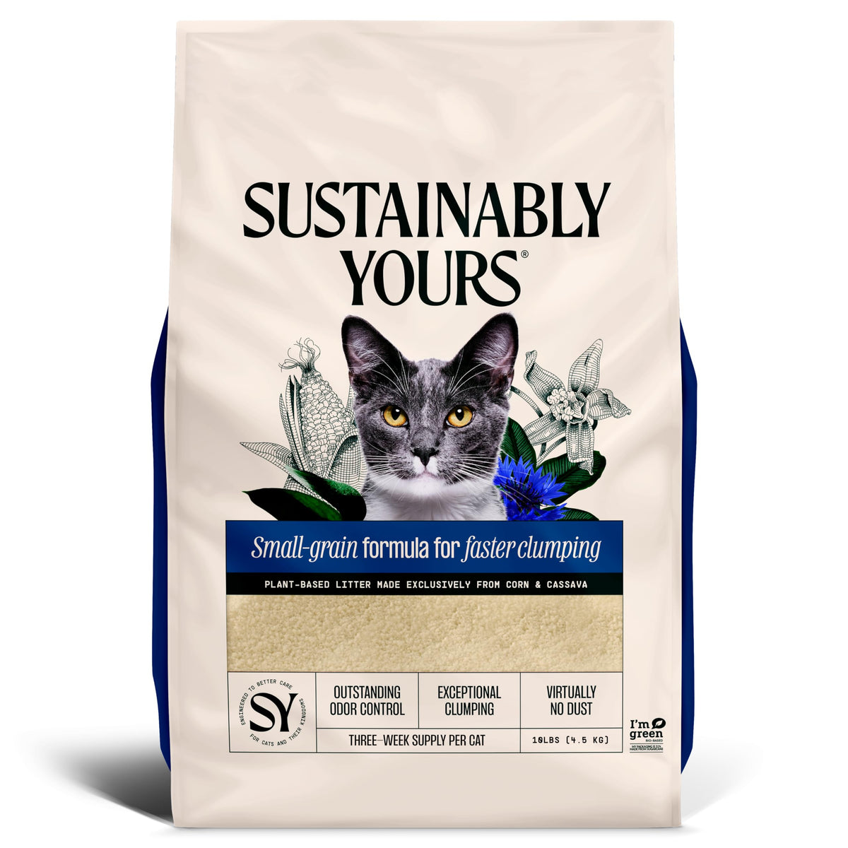 Sustainably Yours emballage avant montrant 10 lb avec informations produit et bénéfices