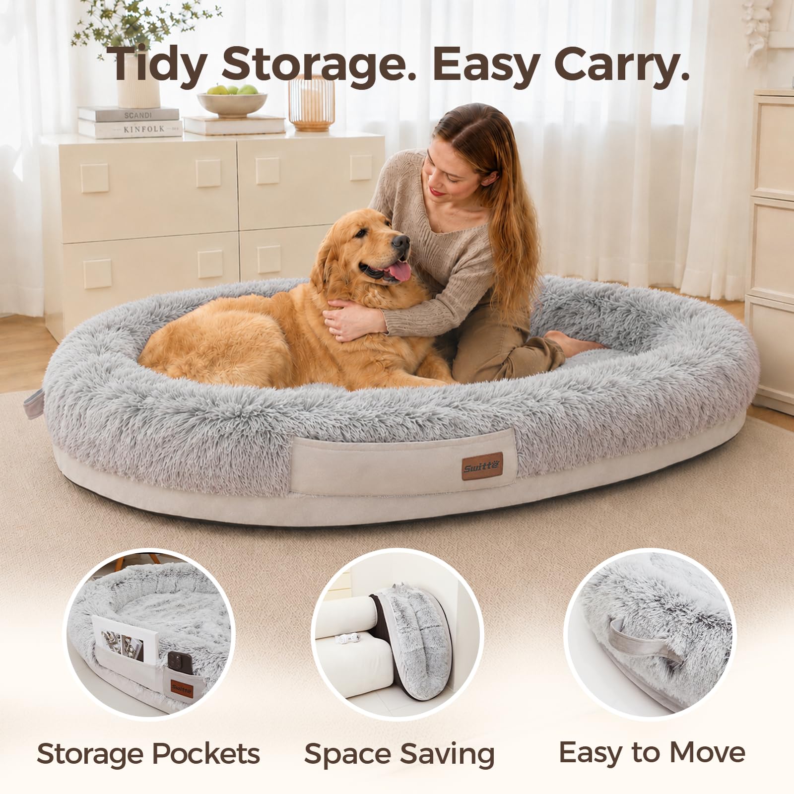 SWITTE adulte et chien utilisant le lit ensemble pour câlins
