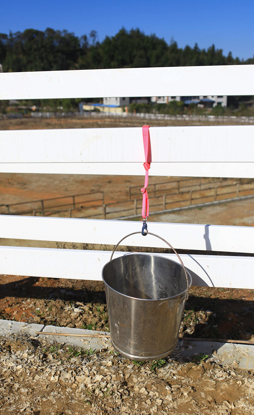T TEKE sangle en usage dans écurie, maintien d'un seau stable pour alimentation pratique